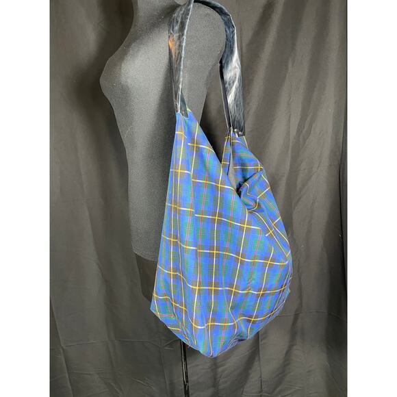 Handmade, blue plaid large hobo bag, vintage cotton fabric, leather strap - Picture 4 of 7